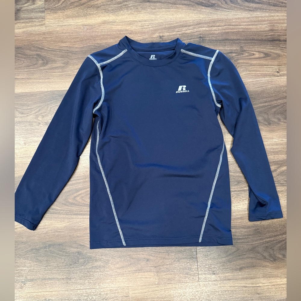 Russell Athletic Boys size M (10-12) Dark Blue moisture wicking fitted shirt.